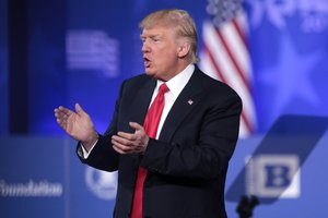 President of the United States Donald Trump speaking at the 2017 Conservative Political Action Conference (CPAC) in National Harbor, Maryland