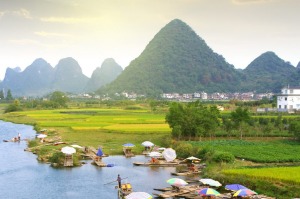 Bamboo rafts on a river near Guilin.