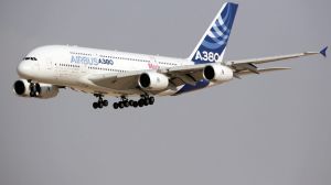 An Airbus A380 aircraft, manufactured by a unit of European Aeronautic, Defence & Space Co. (EADS), is seen performing ...