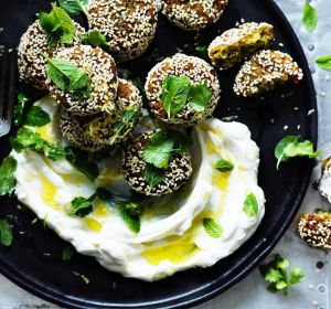 Neil Perry's broad bean falafels with mint labna.