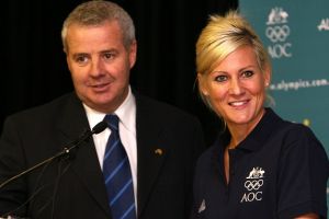 PERTH, AUSTRALIA - JUNE 17: Nikki Hudson talks with Mike Tancred during the AOC announcement of the Australian Women's ...