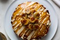 Sesame, date and banana cake with tahini cream cheese icing and caramelised banana.