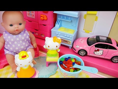 Baby doll and Hello kitty 2 story house and car toys play