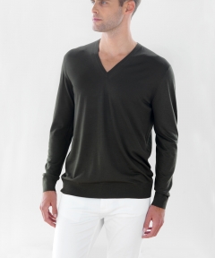 Men’s V-neck Superfine Merino Sweater - Military Green