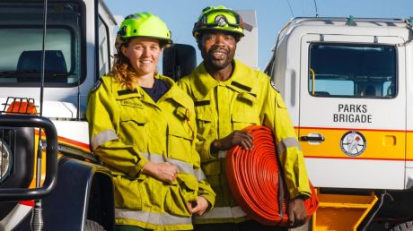 ACT Parks and Conservation Service fire management field officers Kirsten Tasker, Rocky Simachila and James Thornburn.