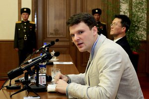 American student Otto Warmbier speaks as Warmbier is presented to reporters Monday, Feb. 29, 2016, in Pyongyang, North Korea