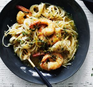 Speedy spaghetti with prawns.