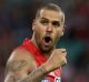 SYDNEY, AUSTRALIA - MARCH 25: Lance Franklin of the Swans celebrates kicking a goal during the round one AFL match ...