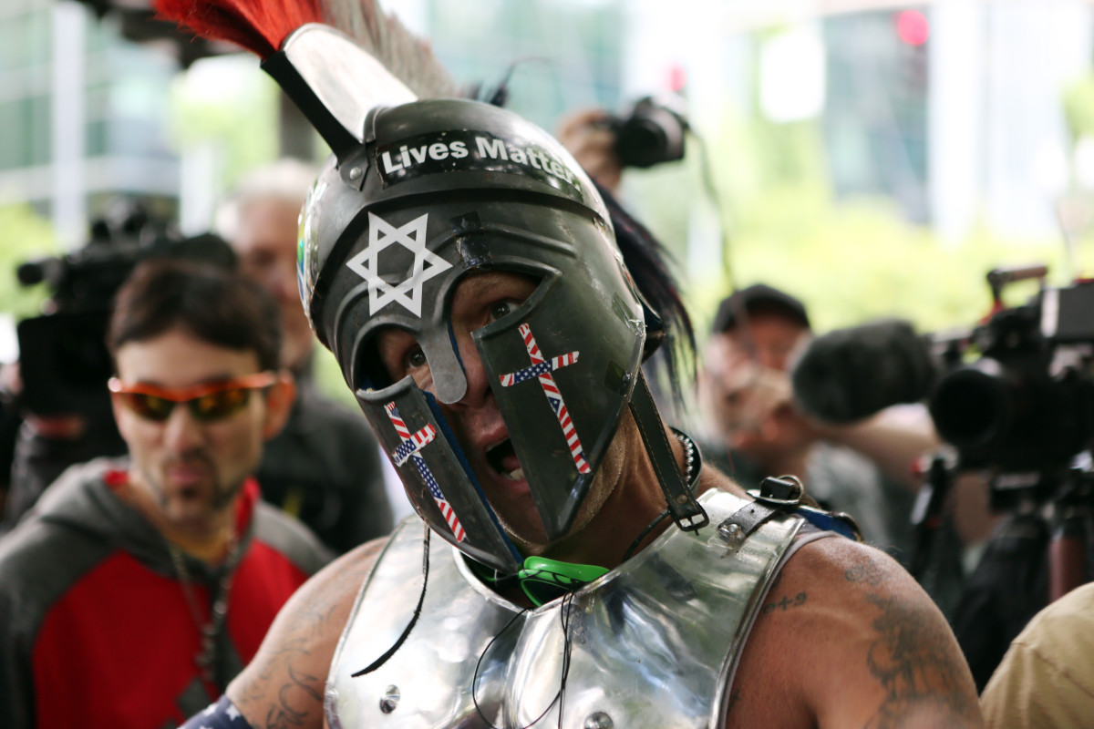 Alt-right demonstrator Kyle 'Based Stickman' Chapman at a rally on June 4th, 2017, in Portland, Oregon.