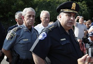 Capitol Hill Police Chief Matthew Verderosa, right, with Alexandria Police Chief Michael Brown, left, speak to the media about the shooting Wednesday, June 14, 2017, in Alexandria, Va.