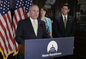 In a photo from Tuesday, June 13, 2017, House Majority Whip Steve Scalise, R-La., joined by Speaker of the House Paul Ryan, R-Wis., far right, and Rep. Cathy McMorris Rodgers, R-Wash., comments on health care for veterans during a news conference at Republican National Committee Headquarters on Capitol Hill in Washington.