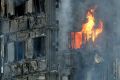 The burning Grenfell Tower in London.
