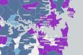The map shows vaccine coverage rates across Sydney postcodes