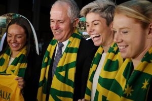 Prime Minister Malcolm Turnbull with Matildas Kyah Simon, Michelle Heyman and Clare Polkinghorne in Canberra.