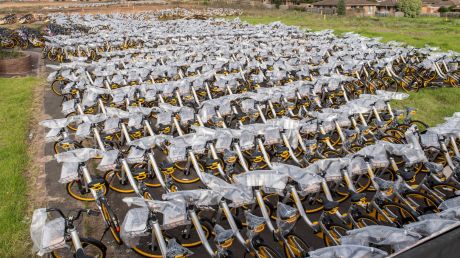 Thousands of oBikes sit in an empty lot in Nunawading.