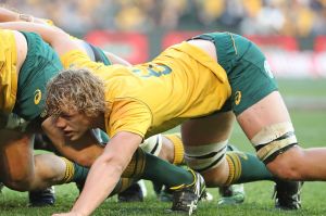 Ned Hanigan packs down in a scrum during his Wallabies debut against Fiji. 