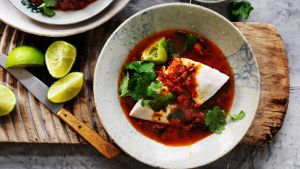 Steamed blue-eye trevalla with tomato curry.