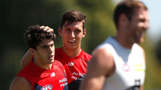 Demons Christian Petracca (left) and Sam Weideman.