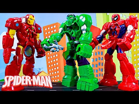 Spiderman Mech Armor Robot Fights Ultron with Ironman Mech Armor and The Hulk Mech Armor Robots