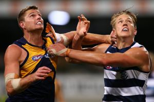 Eagle Nathan Vardy and Rhys Stanley of the Cats contest the ruck on Thursday night.