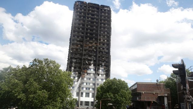 A view of the charred facade of the Grenfell Tower in London.