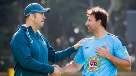 Gidday: Wallabies coach Michael Cheika and NSW coach Laurie Daley share a quiet moment at Leichhardt Oval.