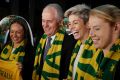 Prime Minister Malcolm Turnbull with Matildas Kyah Simon, Michelle Heyman and Clare Polkinghorne at Parliament House for ...