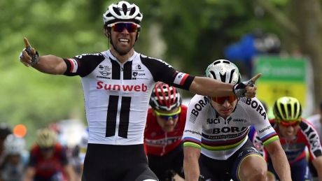 Australian Michael Matthews (Team Sunweb) celebrates his win in the third stage of the Tour of Switzerland.