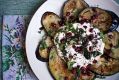 Crisp eggplants with sweet spiced yoghurt and pomegranates Anjum Anand vegetarian recipes from Anjum's Indian Vegetarian ...