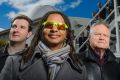 Researchers Paul Sibley, Moriba Jah, Ben Greene and Michael Copeland gather in front of Mount Stromlo's satellite laser ...