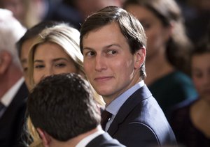 Senior adviser to President Donald Trump Jared Kushner, right, and Ivanka Trump, the daughter of President Donald Trump, sit in the front row in East Room of the White House in Washington, Monday, June 5, 2017