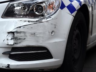 A damaged police car hit by a stolen car Northcote. Picture: Nicole Garmston