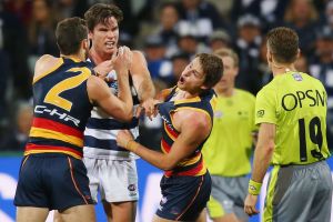 Cop that: The Crows' Matt Crouch reacts as brother Brad and 200-game Cat Tom Hawkins wrestle at Simonds Stadium on ...