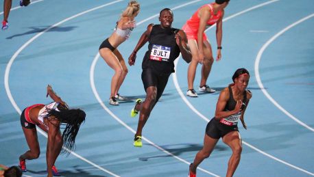 Usain Bolt competes in a mixed relay during the 2017 Nitro Athletics Series at Lakeside Stadium in Melbourne in ...