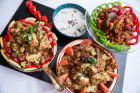 The dates are followed by light soups and salads. These salads, of fried cauliflower and zuchinni, are accompanied with ...