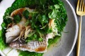 Kylie Kwong's aromatic steamed snapper fillets with ginger, spring onions and coriander.