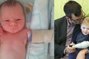 Sol Ryan as a newborn, and with his dad Ben.