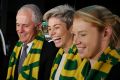 Prime Minister Malcolm Turnbull with Matildas Kyah Simon, Michelle Heyman and Clare Polkinghorne in Canberra.