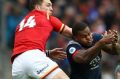 George North competes for a high ball during Wales' loss to France.