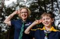 Cathy Morcom, Australia's first female Scouts GM with her son Emmet, Australia's newest Cub Scout, at a ceremony at the ...