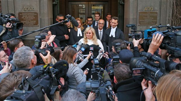 Rebel Wilson speaks to the media outside the Victorian Supreme Court on Thursday.