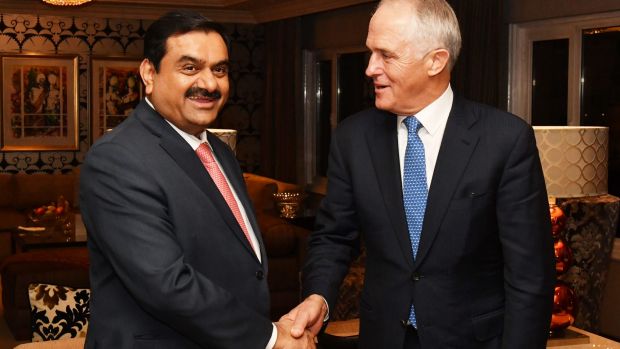 Prime Minister Malcolm Turnbull with Adani Group chairman Gautam Adani on his trip to Australia in April.