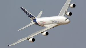 An Airbus A380 aircraft, manufactured by a unit of European Aeronautic, Defence & Space Co. (EADS), is seen performing ...