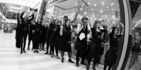 Lush workers walk out of the store in solidarity with Black Lives Matter at the 