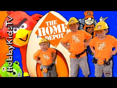 Worlds Biggest HOME DEPOT Egg Surprise Tools + Angry Bird Ball Launchers by HobbyKidsTV