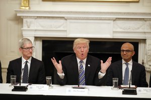 President Donald Trump, center, speaks as he is seated between Tim Cook, Chief Executive Officer of Apple, left, and Satya Nadella, Chief Executive Officer of Microsoft, right, during an American Technology Council roundtable in the State Dinning Room of the White House, Monday, June 19, 2017, in Washington.