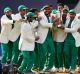 Pakistan players celebrate during the award ceremony for the ICC Champions Trophy. 