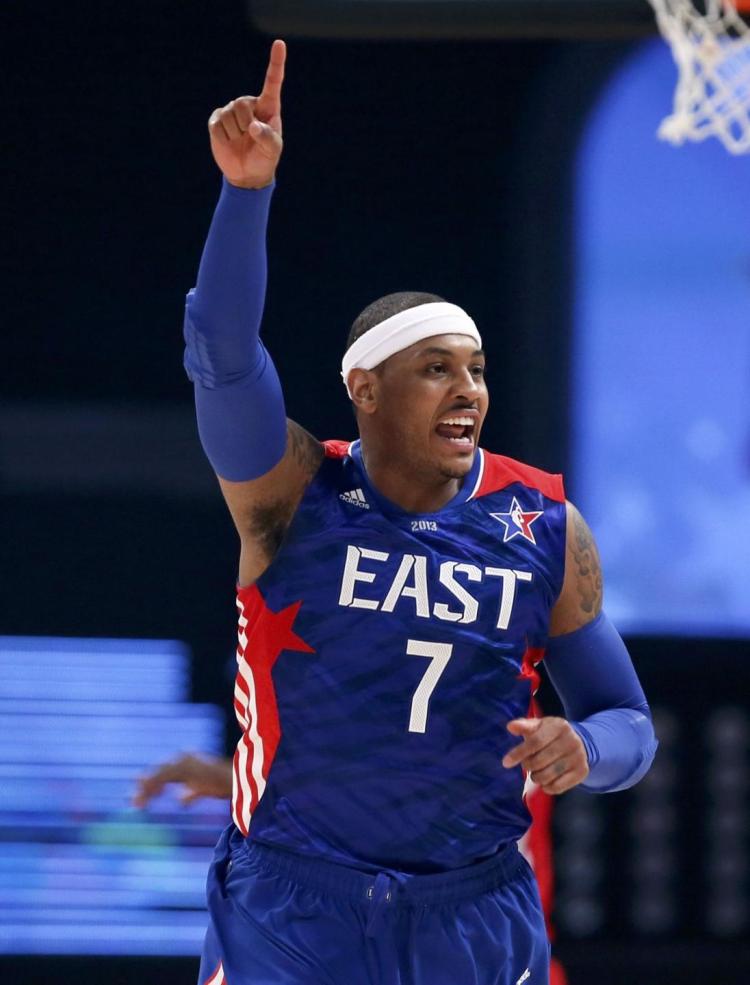 Carmelo Anthony celebrates a basket during the 2013 NBA All-Star game.