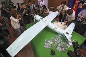 A suspected North Korean drone is viewed at the Defense Ministry in Seoul, South Korea, Wednesday, June 21, 2017. The suspected North Korean drone photographed a U.S. missile defense system in South Korea before it crashed near the border where it was found last week, South Korea's Defense Ministry said Tuesday, June 13, 2017.