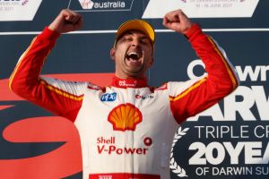 Fabian Coulthard of DJR Team Penske celebrates his win in race one in Darwin.